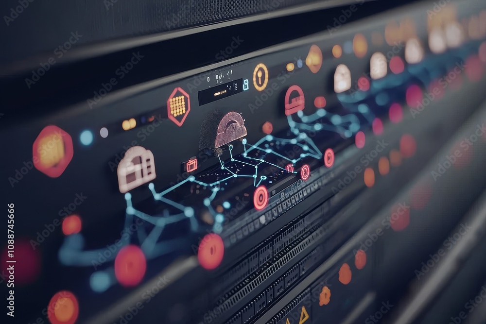 Poster Diagrams with icons with information and telecommunication technology and internet of things concepts on server rooms.