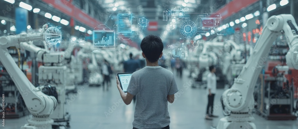 Poster In smart factories, industrial engineers control automated robot arm machines with monitor software and industry network connections on tablets.