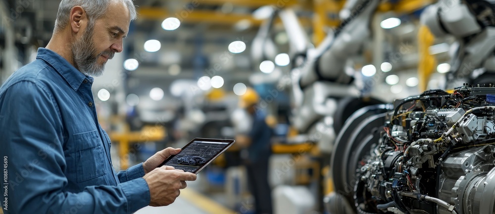 Poster Manager checks and controls automation robot arms machine in intelligent factory industrial using real-time monitoring systems. Digital manufacturing and welding robotics.