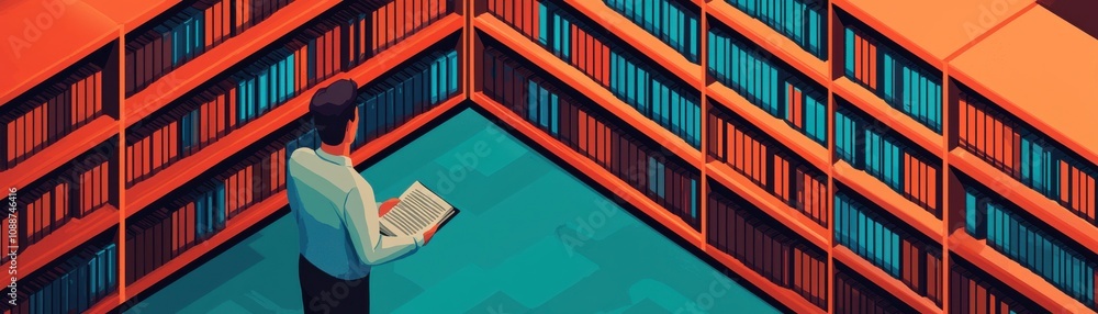 Poster a person reading a book in a vibrant library filled with colorful shelves, creating an inviting atmo
