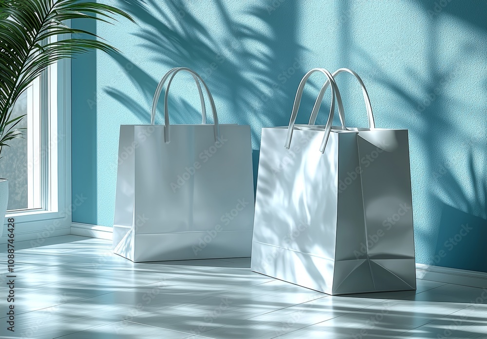 Aufkleber a mockup of two paper bags against a white background. a rendering in 3d.