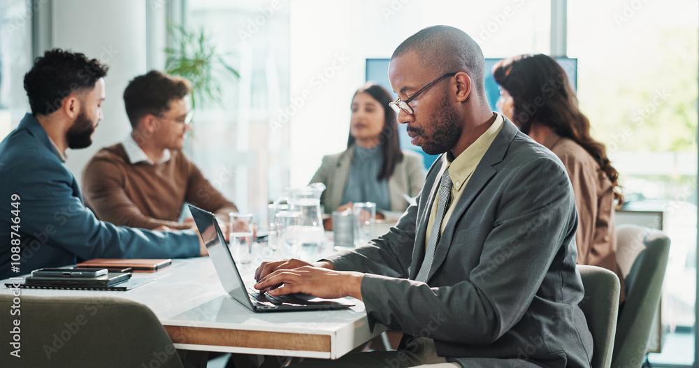 Poster business man, laptop and research in meeting with project administration, proposal and planning in o