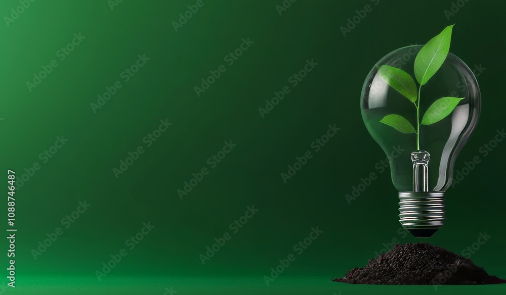 Poster tree growing on soil in a light bulb. energy saving and environmental concept for earth day