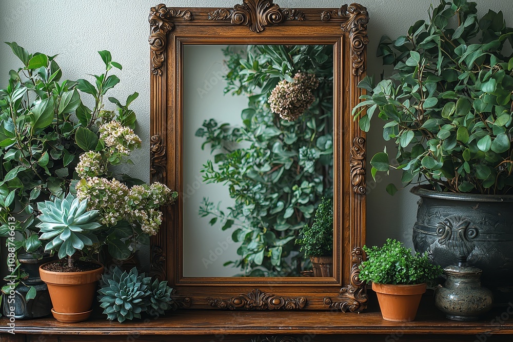 Poster modern and floral concept of shelves in the scandinavian room with mock-up photo frame on the brown 