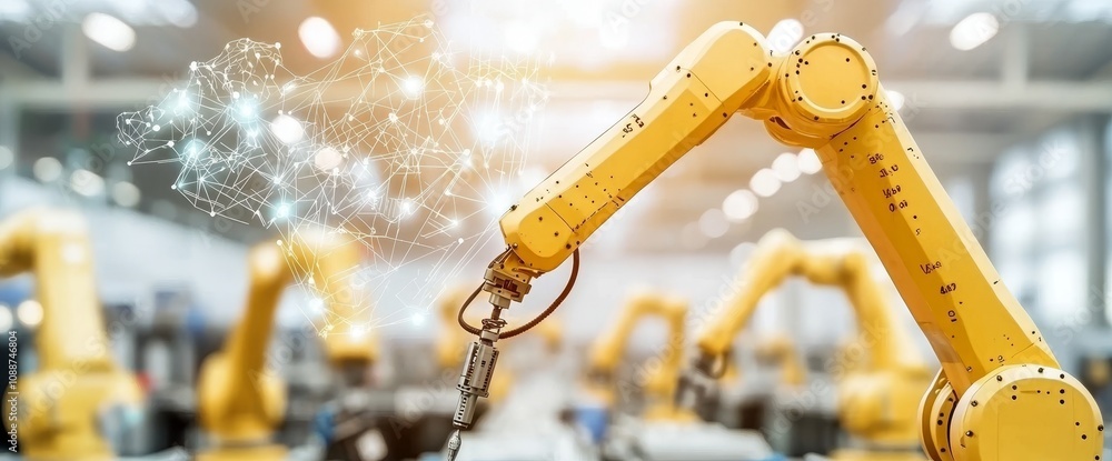 Poster Automation robot arm machine in smart factory industrial, Industry 4.0 concept image.