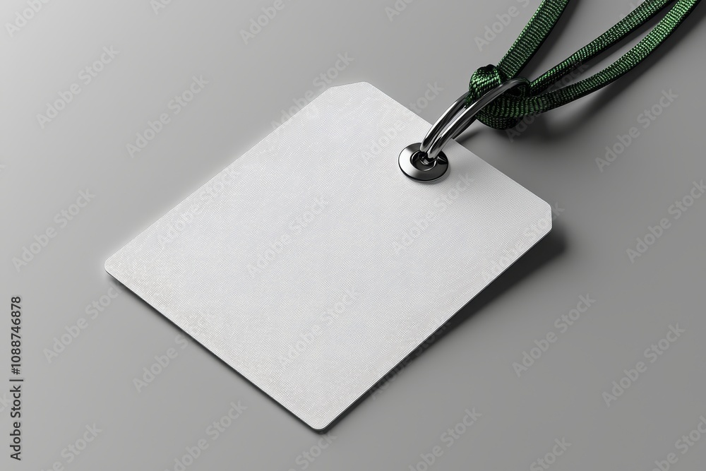 Poster Blank label name tag hanging on neck with thread. Blank layout layout on grey background.