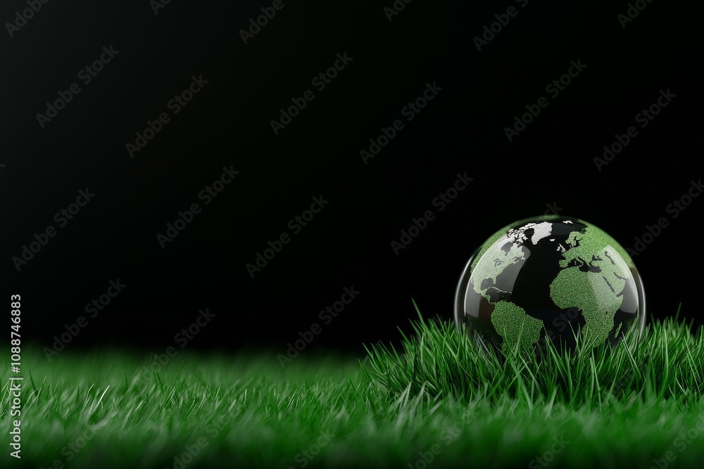 Poster Conceptual photograph of a crystal globe lying on grass in a forest