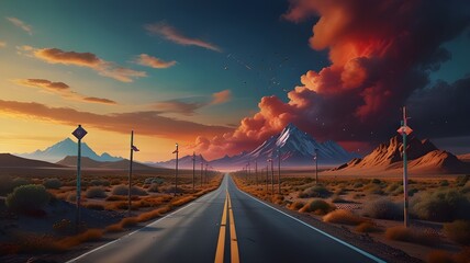 A surreal, wide-open landscape with a road splitting into two, each direction marked by an arrow on a signpost, leading into divergent, abstract terrains filled with vibrant colors.