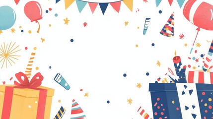 Obraz premium A colorful background with balloons, confetti, and a box with a ribbon on it
