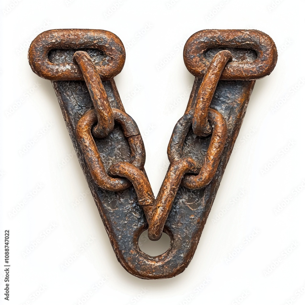 Poster letter v crafted rough interconnected chain links clean white background highlighting its robust des