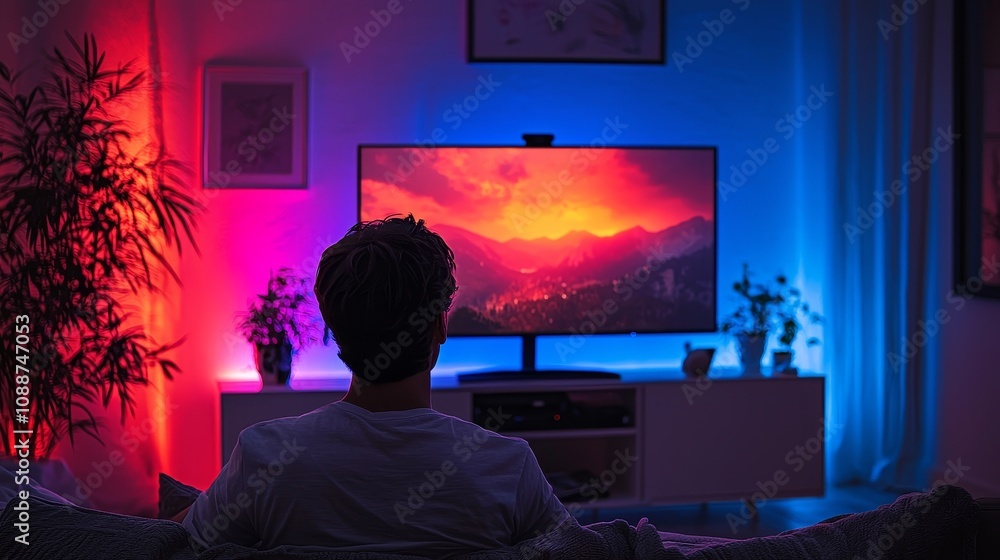 Poster This is a powerful computer gaming system with a first-person shooter game on the screen. The monitor stands on a desk at home in a cozy room filled with pink neon lights.