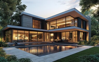 Fototapeta premium Luxury Modern House Design with Pool at Dusk
