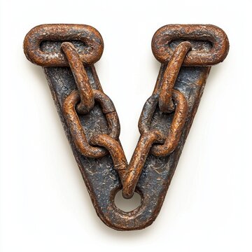 letter V crafted rough interconnected chain links clean white background highlighting its robust design and strong visual impact various artistic applications