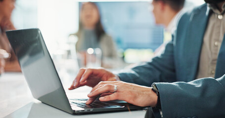 Businessman, hands and typing on laptop in meeting for minutes, notes and email in office. Finance...