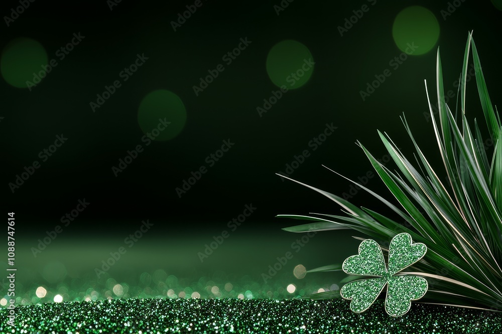 Leinwandbilder a blurry background with defocused green sparkles, contrasting with a blurred background with lights