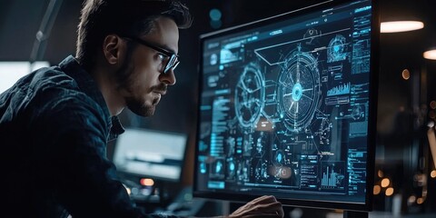 A designer working on a digital illustration with multiple layers visible on the screen.