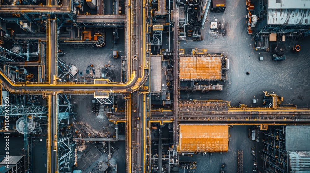 Poster aerial view of industrial facility with complex machinery and yellow pipelines, highlighting extensi