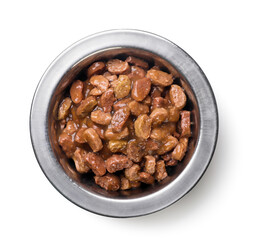 Wet cat food in a bowl close-up on a white. Top view