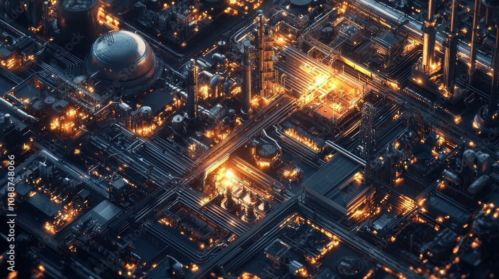 Poster aerial view of a complex industrial cityscape with luminous pipelines and machinery creating a vibra