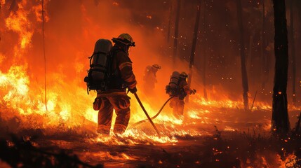Fototapeta premium Wildfire fighters in action, battling flames with hoses and protective gear
