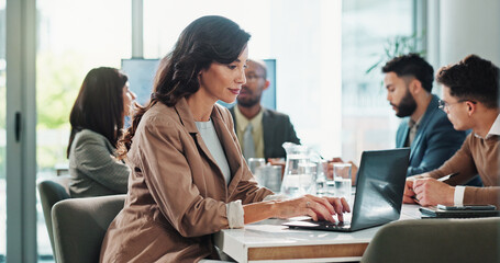 Business woman, laptop and research in meeting with project administration, proposal and planning...