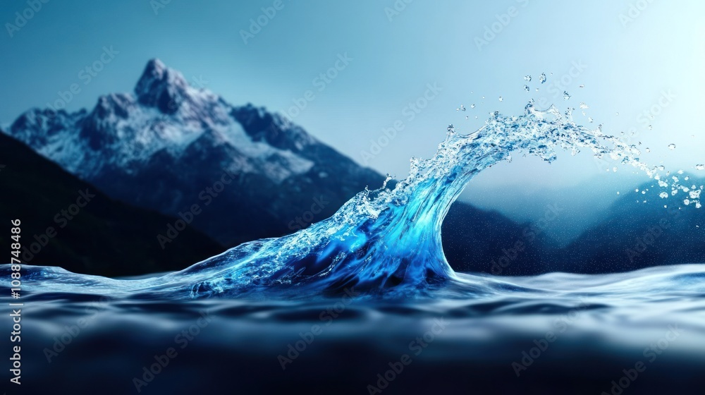 Poster a dynamic wave crashing against a serene mountain backdrop.