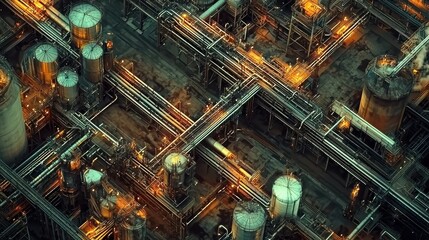 Fototapeta premium Aerial View of an Industrial Facility with Brightly Lit Pipelines and Machinery at Night, Highlighting Complex Structures and Vibrant Patterns