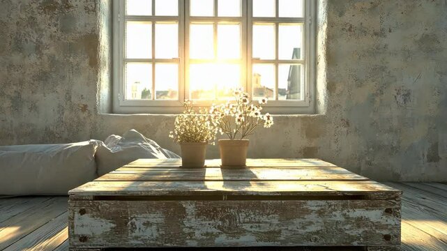 A rustic room bathed in morning sunlight