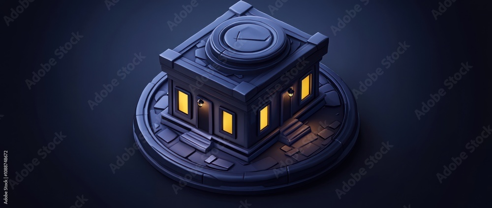 Poster A stylized, dark-toned building with illuminated windows on a circular base.
