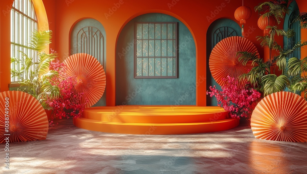 Aufkleber Golden podium display mockup on red abstract background with hand paper fan for product minimal presentation, 3D rendering.