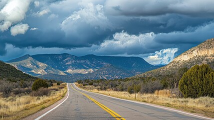 Fototapeta premium Scenic Roadway Through Serene Landscapes with Majestic Mountains and Dramatic Cloudy Skies Highlighting Nature's Beauty in a Tranquil Setting