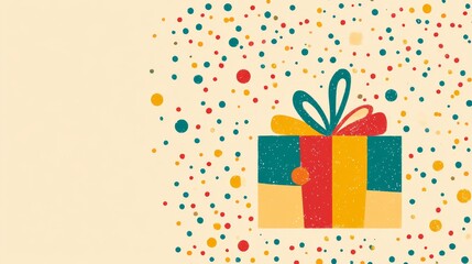 Obraz premium A colorful box with a bow on top is surrounded by a lot of dots