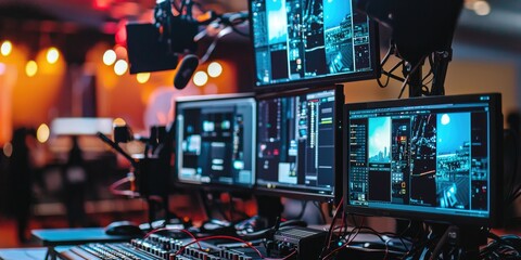 A digital broadcasting setup with multiple screens and equipment connected to live feeds over the internet.