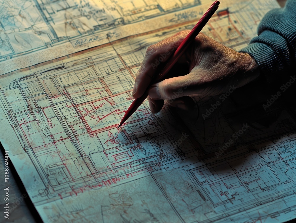Poster detailed architectural plan being annotated with red pencil in soft light, showing intricate lines a