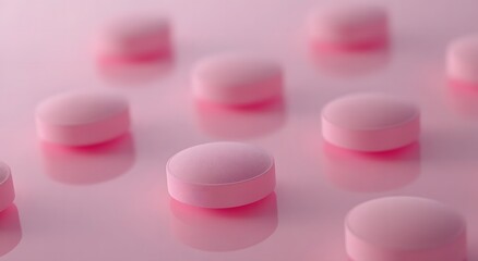 Close up together many pink round pills, all the same size and shape. Which highlights advanced drug technology with copy space
