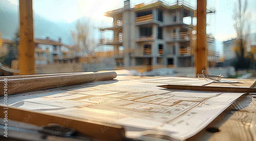 Poster table with architectural design, construction schedule sheets and in the background a residential pr