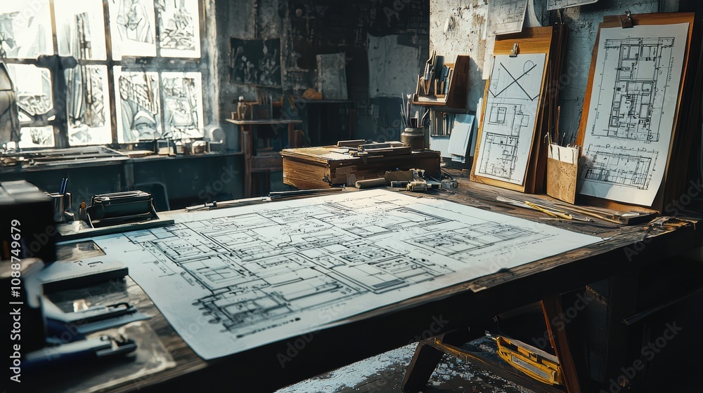Poster intricate architectural blueprints spread across a table in an artistically-messy studio setting wit