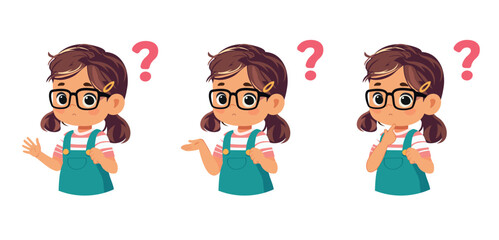 cute girl show different confused expressions with question mark