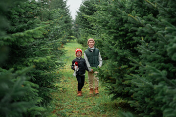 Obraz premium Cute little children choose Christmas tree for home at the market. Winter holidays.