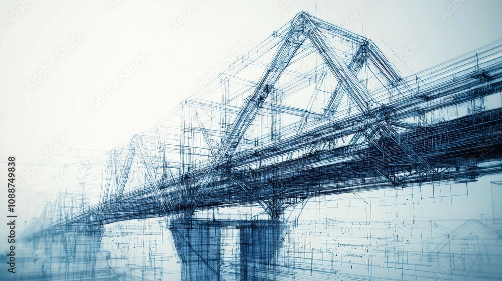 Poster imaginative digital wireframe representation of an architectural bridge project with intricate struc