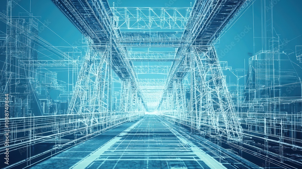 Poster futuristic industrial structure with virtual projection of engineering designs and technical drawing