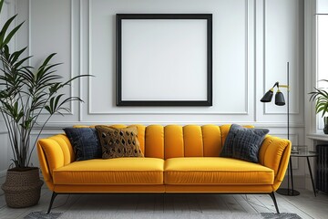 A mock up white blank picture frame is hanging above the chair. A simple and modern living room with white walls, a white ceiling, a black sofa in a yellow color, a coffee table.