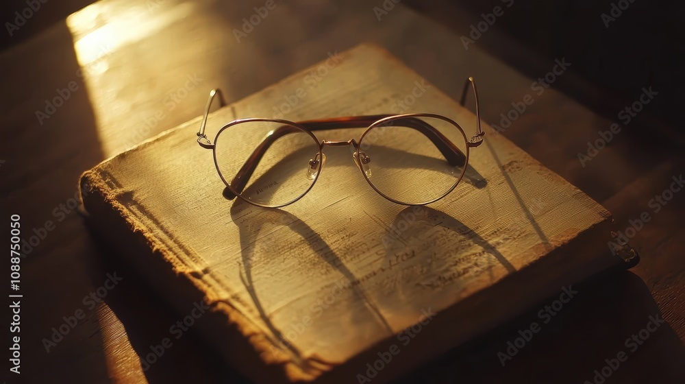 Poster round glasses resting on an old, well-worn book, illuminated by warm sunlight creating soft shadows,
