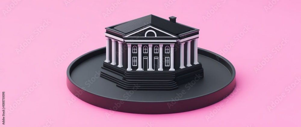 Poster a stylized model of a classical building on a circular base against a pink background.