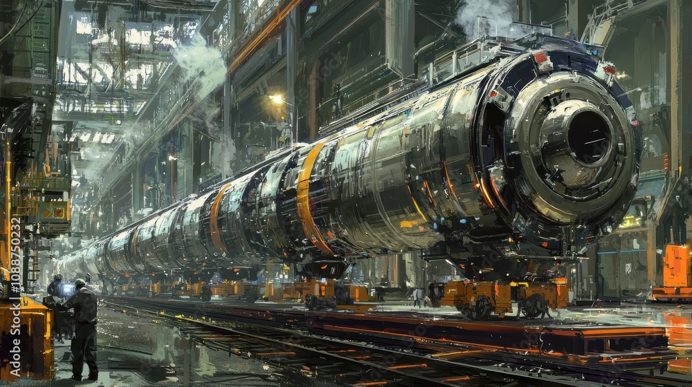Poster futuristic industrial scene featuring large rocket assembly in high-tech factory environment with wo