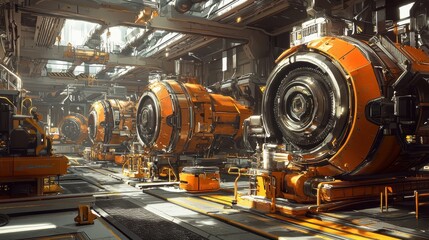 Advanced Futuristic Industrial Warehouse with Sleek Machinery, Innovative Technology, and Bright Lighting in a Dynamic High-Tech Environment