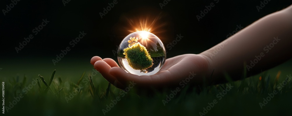 Poster taking a hand holding the crystal globe during earth day on earth day. the idea is to save the plane