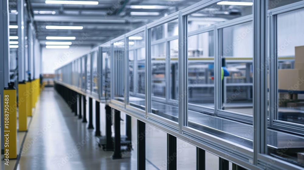 Poster modern industrial warehouse interior with long transparent partition walls and shelving units for ef
