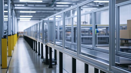 Modern Industrial Warehouse Interior with Long Transparent Partition Walls and Shelving Units for Efficient Inventory Management and Workflow Optimization