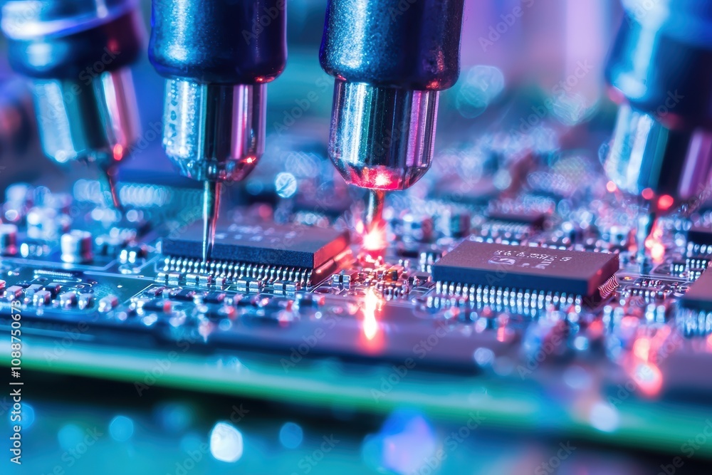 Poster close-up of electronic components with soldering probes in a high-tech environment displaying a colo